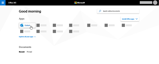 لوحة Outlook على الصفحة المنتقل إليها Microsoft 365.