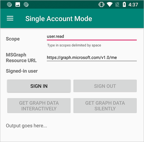 Screenshot of the MSAL sample app showing single and multiple account usage.