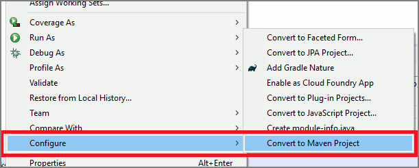 لقطة شاشة لـ Package Explorer والأوامر للتحويل إلى مشروع Maven.
