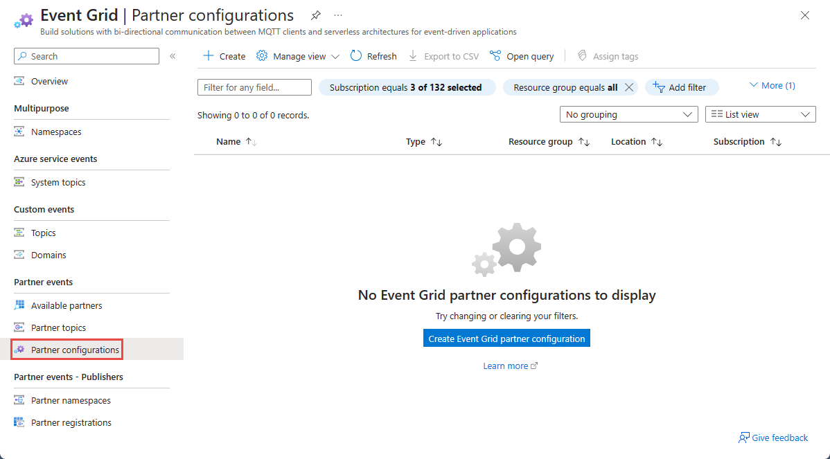 لقطة شاشة تعرض صفحة Event Grid Partner Configurations مع قائمة تكوينات الشركاء والارتباط لإنشاء تسجيل شريك.