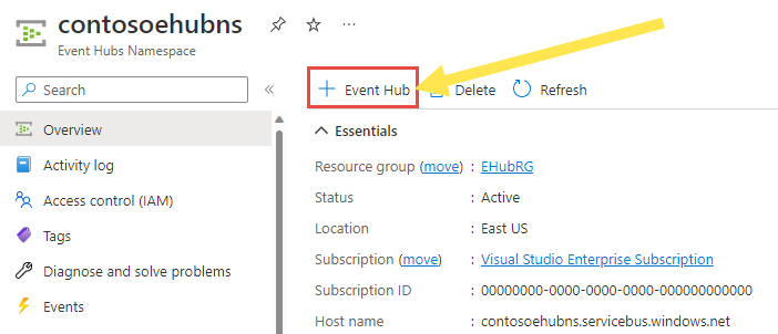 لقطة شاشة لتحديد زر Add event hub على شريط الأوامر.