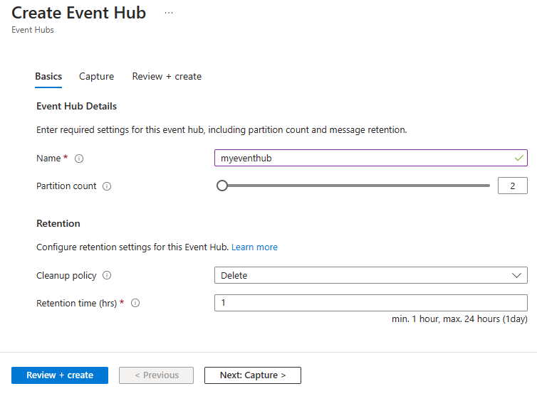 لقطة شاشة لصفحة Create event hub.