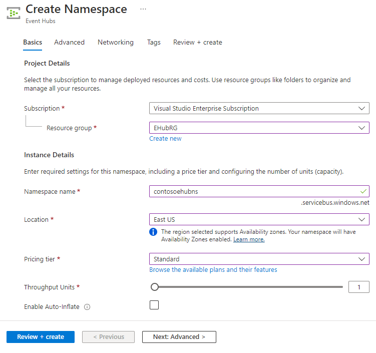 لقطة شاشة لصفحة Create Namespace في مدخل Microsoft Azure.