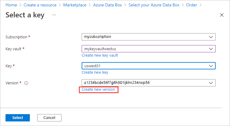 لقطة شاشة لشاشة إنشاء مفتاح في Azure Key Vault. يتم تمييز الارتباط إنشاء إصدار جديد.