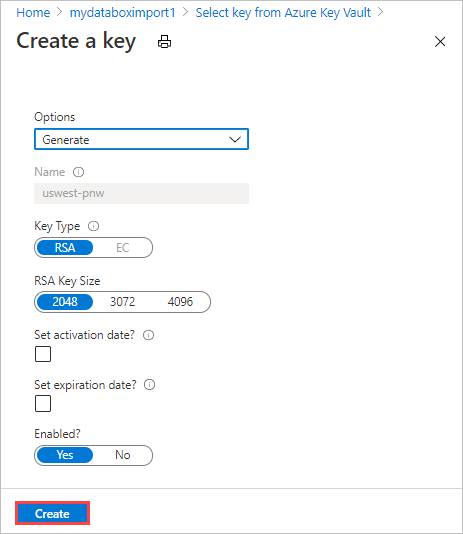 لقطة شاشة لمربع الحوار إنشاء مفتاح في Azure Key Vault مع مثال إعدادات الحقل. يتم تمييز الزر إنشاء.