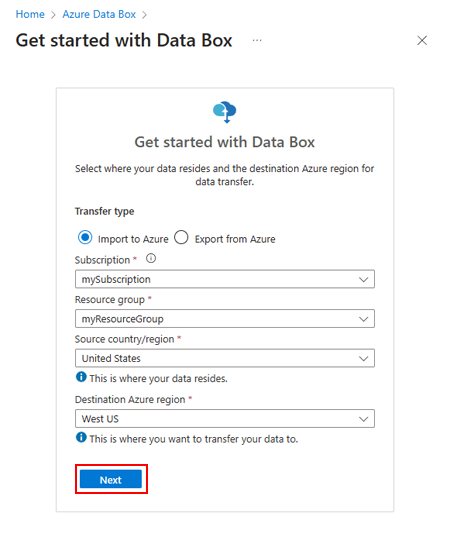 لقطة شاشة لخيارات تحديد نوع النقل والاشتراك ومجموعة الموارد والمصدر والوجهة لبدء طلب Data Box في مدخل Microsoft Azure.