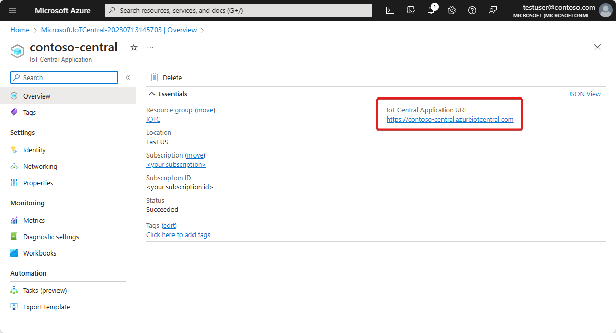 لقطة شاشة تعرض مورد تطبيق IoT Central في مدخل Microsoft Azure. يتم تمييز عنوان URL للتطبيق.