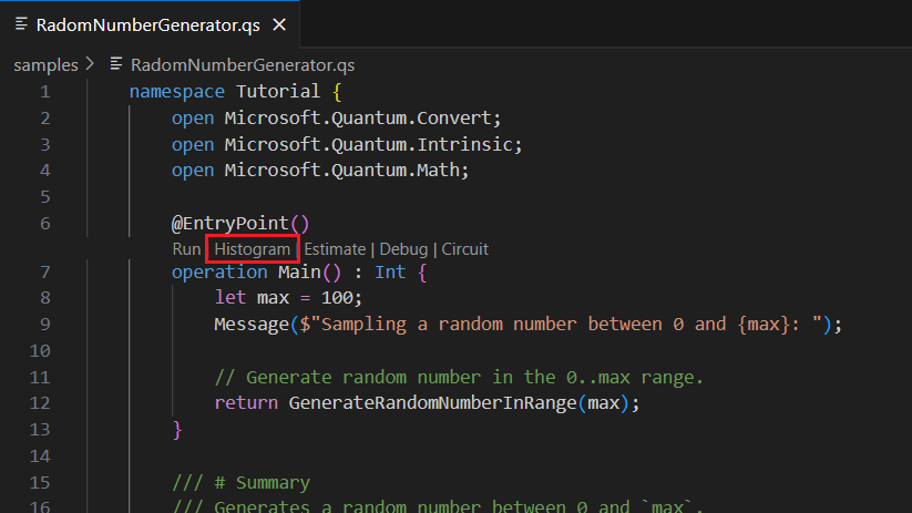 Screenshot of Visual Studio Code showing where to find the histogram command in the code lens.