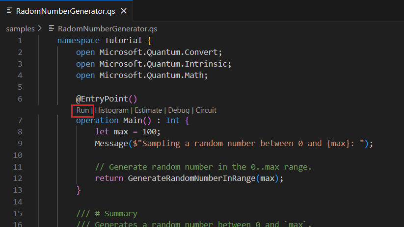 Screenshot of Visual Studio Code showing where to find the run command in the code lens.