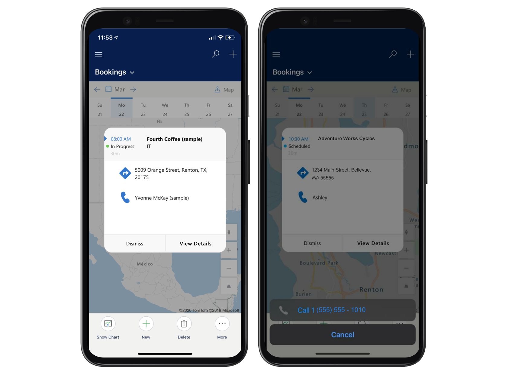 Field Service mobile، يُظهر خيارات للاتجاهات والاتصال بالعميل.