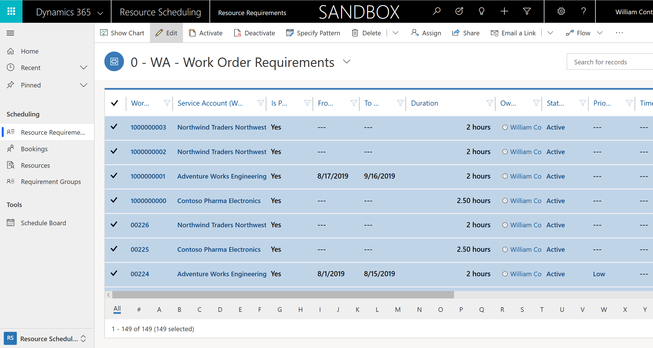 لقطة شاشة لقائمة بمتطلبات أوامر العمل.