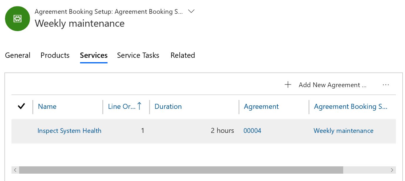لقطة شاشة لسجل إعداد اتفاقية الحجز، في علامة التبويب الخدمات، مع خدمة مدرجة.