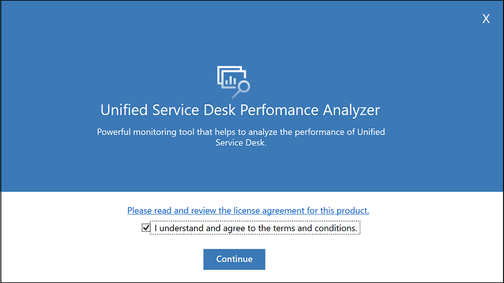Welcome screen of the Unified Service Desk Performance Analyzer.