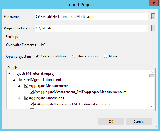 Completed Import Project dialog box.