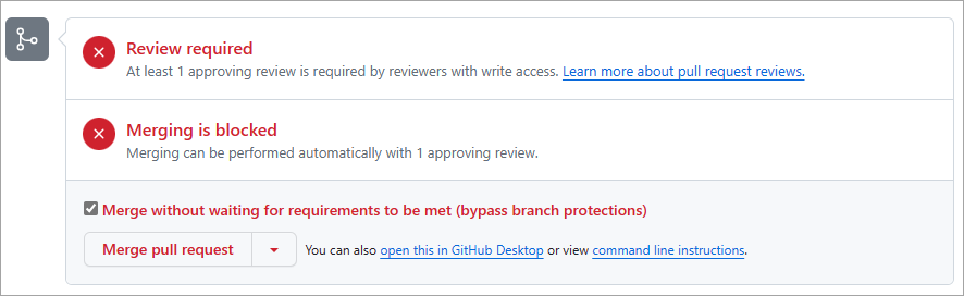 Screenshot of a pull request on GitHub showing that a review is required in order to merge.