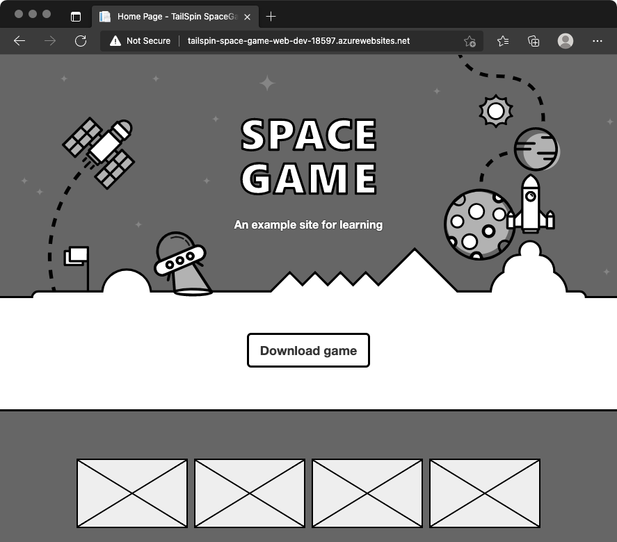 Screenshot of a web browser that shows the Space Game website in the Dev environment.