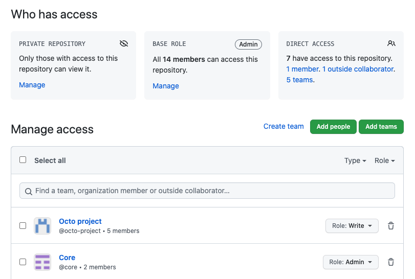 Screenshot of the manage access screen.