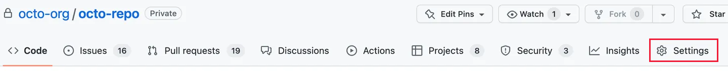 Screenshot showing where to locate the settings button in your GitHub repository.