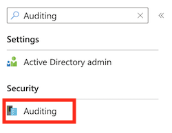 Screenshot of the Azure portal interface for the logical server, showing the search field with Auditing entered.