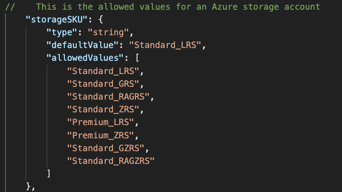 Screenshot of the azuredeploy.json file showing the comment This is the allowed values for an Azure storage account in the line preceding the storageSKU parameter.