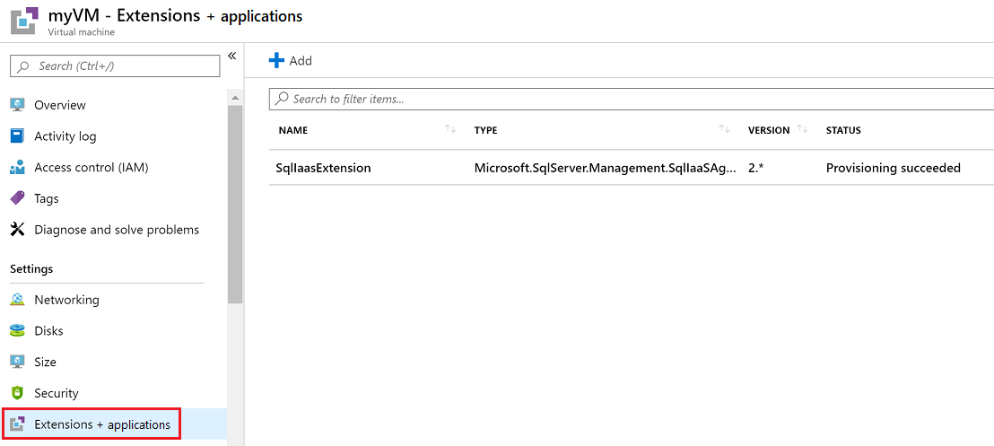 Screenshot that shows V M extensions in the Extensions + applications pane.