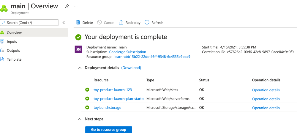 Screenshot that shows the Azure portal interface for the specific deployment, with storage account and App Service resources listed.