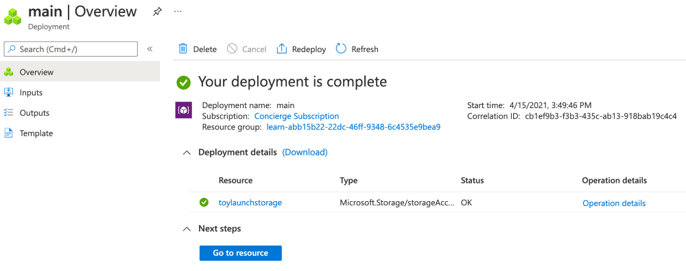 Screenshot of the Azure portal interface for the specific deployment, with one storage account resource listed.