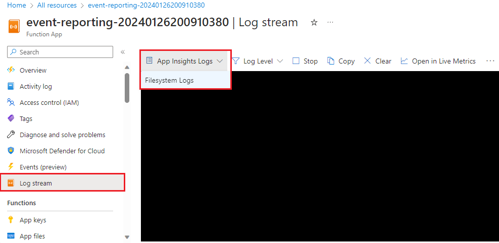 Image showing where to find Log Streaming.
