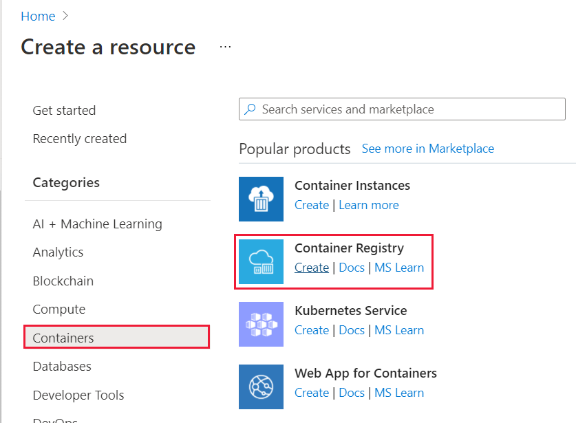 Screenshot that shows Create a resource with Container Registry.