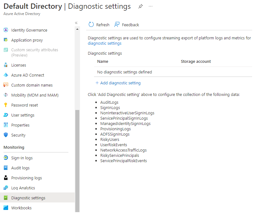 Screenshot that shows how to create a new diagnostic setting.