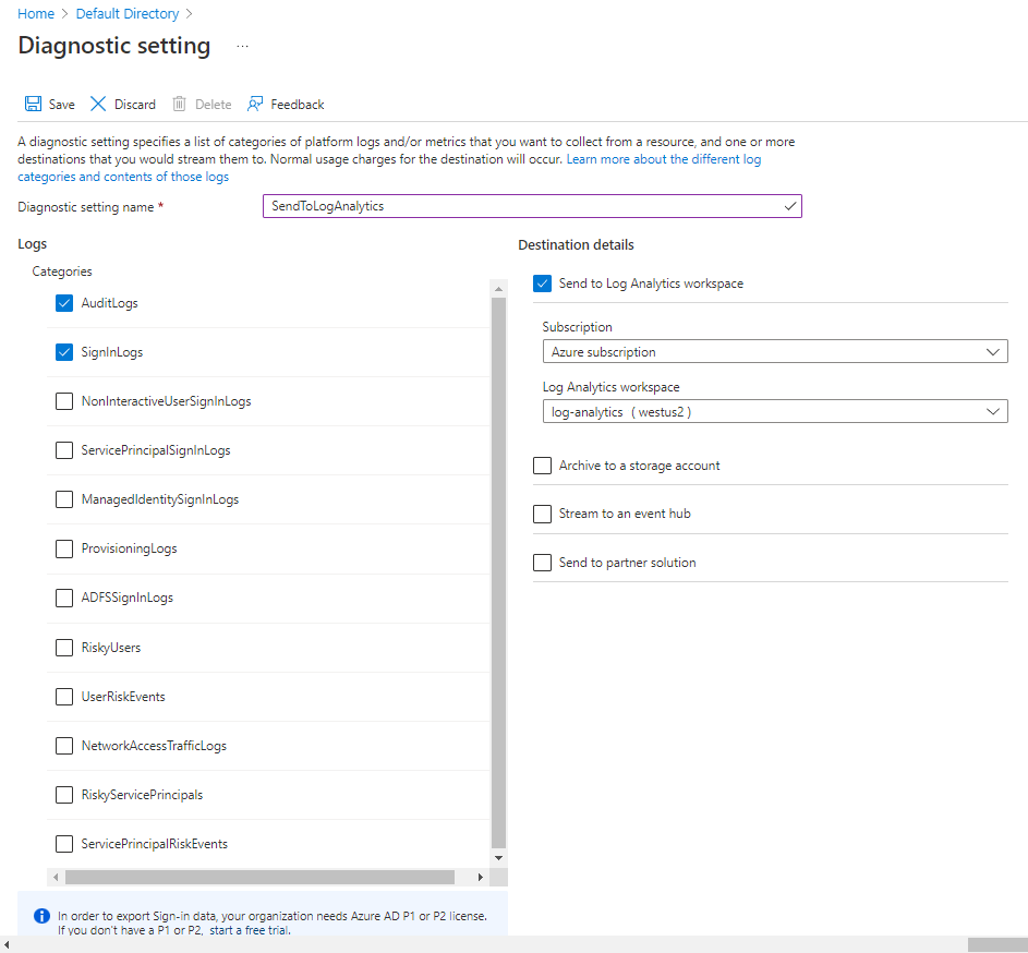 Screenshot that shows the concept of creating a new diagnostic setting.