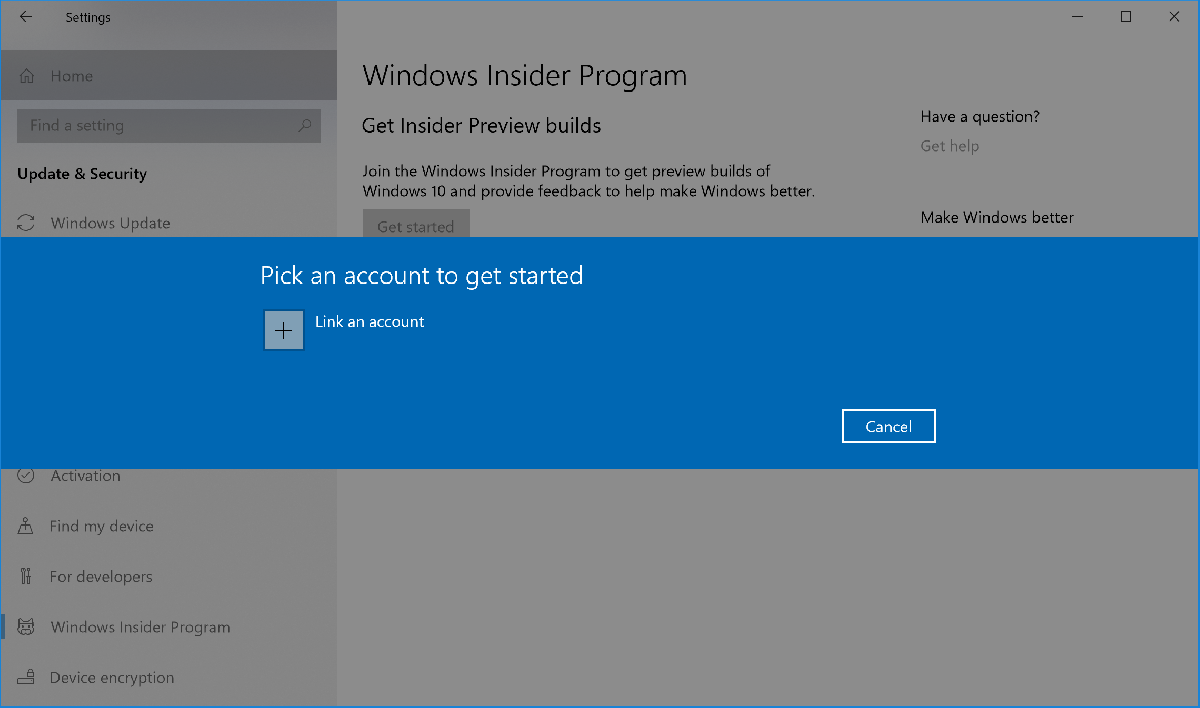 Screenshot showing how to choose your account for the Windows Insider Program.