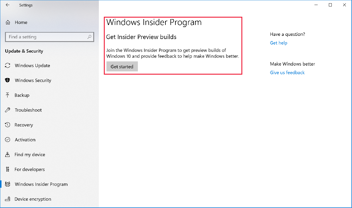 Screenshot showing the Windows Insider Program 