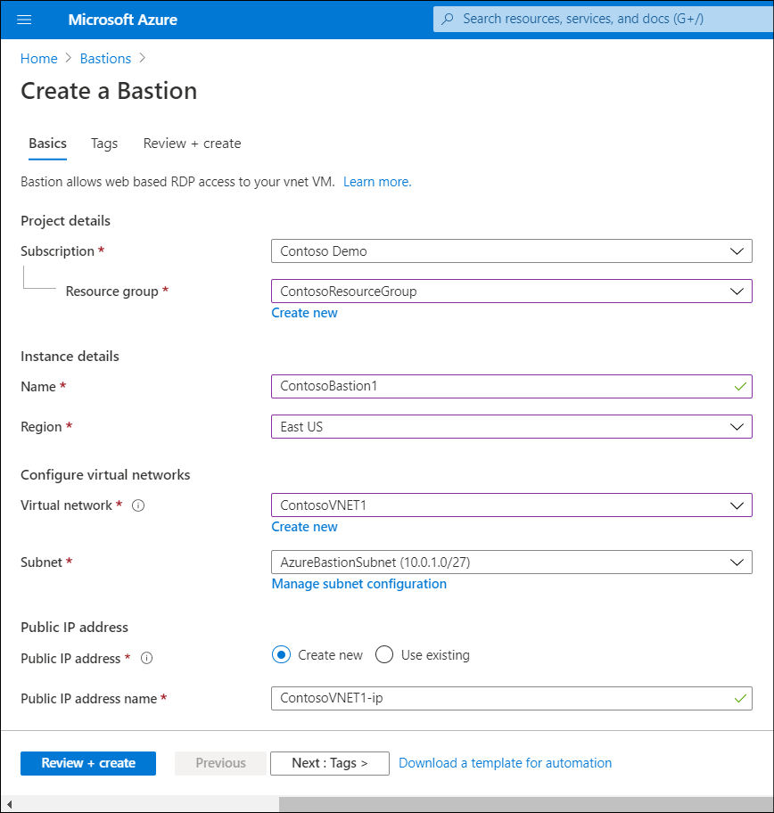A screenshot of the Create a Bastion blade in the Azure portal. The administrator has entered the required information described in the preceding text.