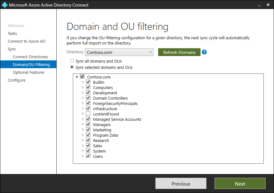 A screenshot of the Microsoft Entra Connect Wizard, Domain/OU Filtering tab. The administrator has selected the Sync selected domains and OU options, in addition to the various OUs from the returned Contoso.com list. 