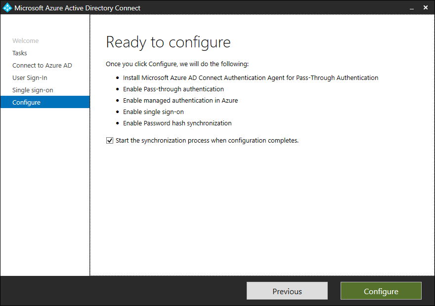 A screenshot of the Microsoft Entra Connect Configuration Wizard, Configure page. The wizard is ready to configure the following settings: install the Microsoft Entra Connect Authentication Agent for pass-through authentication, enable pass-through authentication, enable managed authentication in Azure, enable SSO, and enable password hash synchronization. The administrator has selected the Start the synchronization process when configuration completes check box. 
