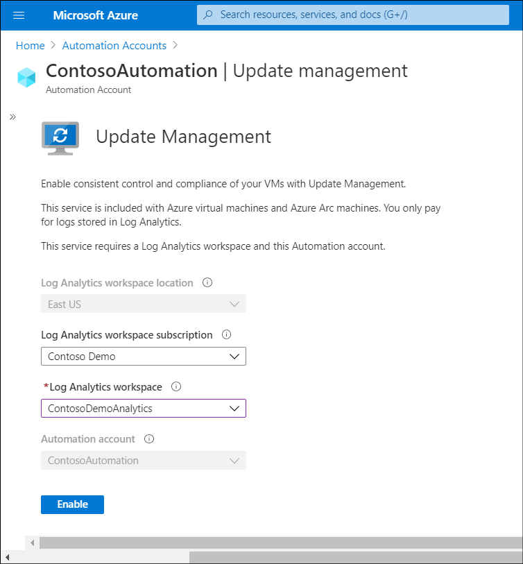 A screenshot of the administrator selecting Update Management on a Log Analytics workspace account and Automation account.