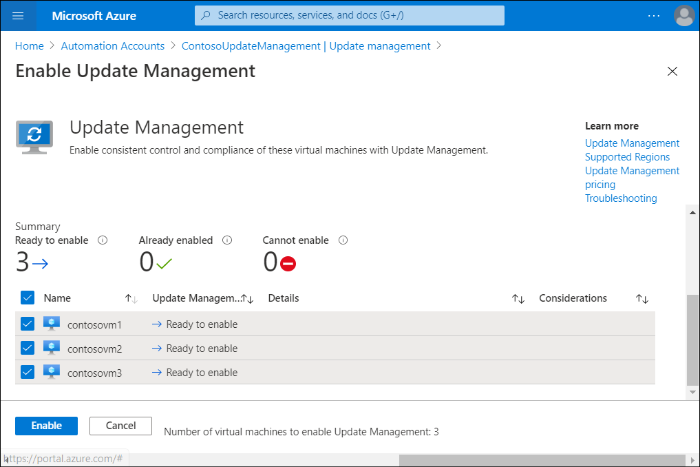 A screenshot displays the Enable Update Management blade of the Azure portal. The administrator has selected three VMs for onboarding.