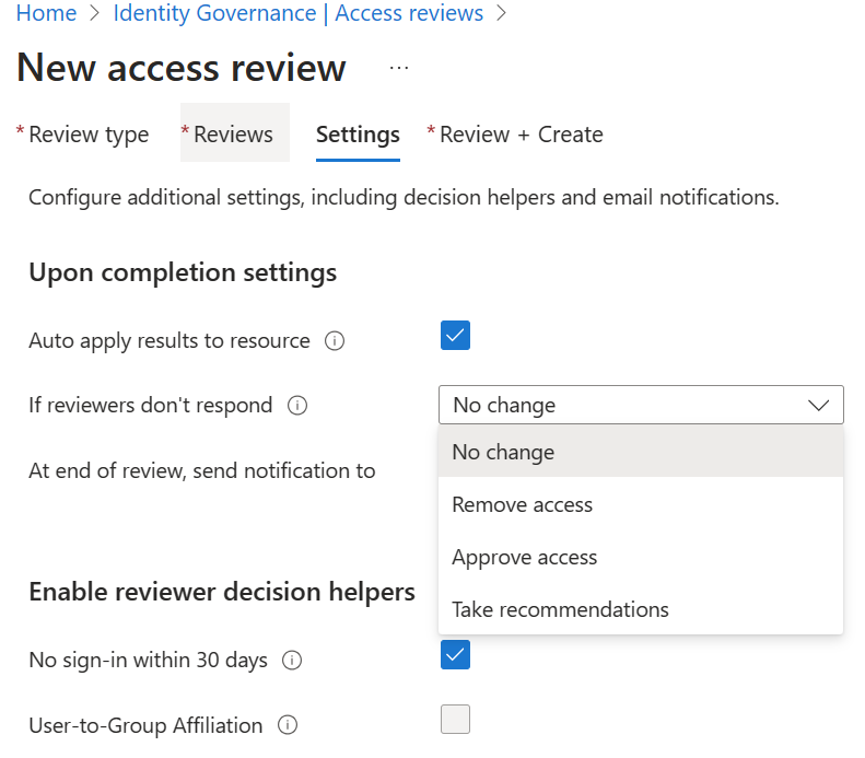 Screenshot of the Create an access review - upon completion settings.