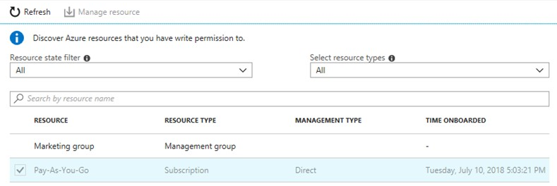 Screenshot of the Discovery resource page within the Azure resources. Search for resources.