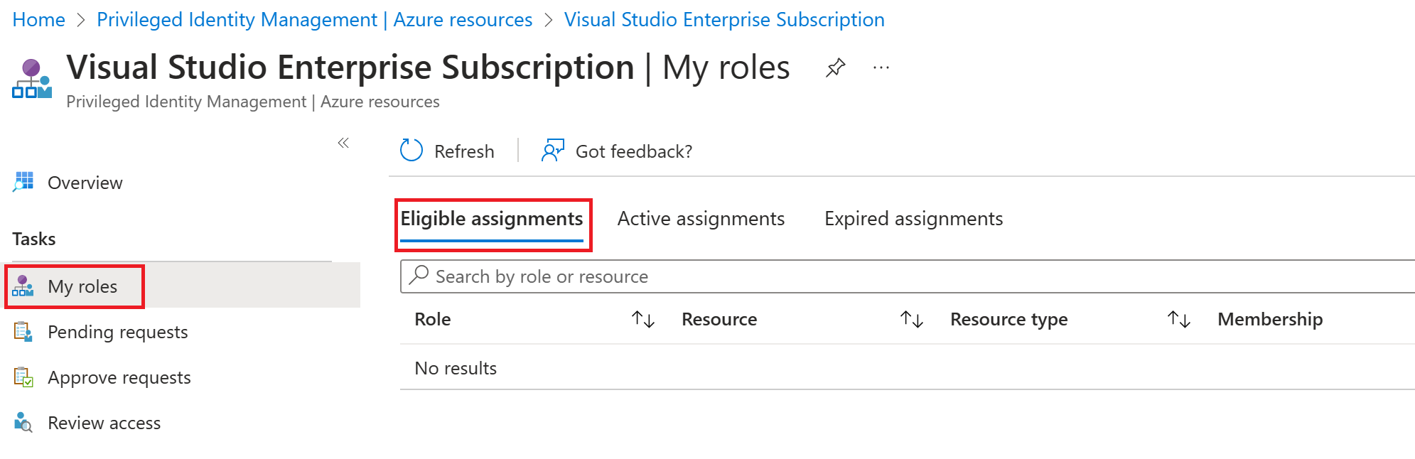 Screenshot of the My roles with eligible role assignments highlighted. Pick the role you need.