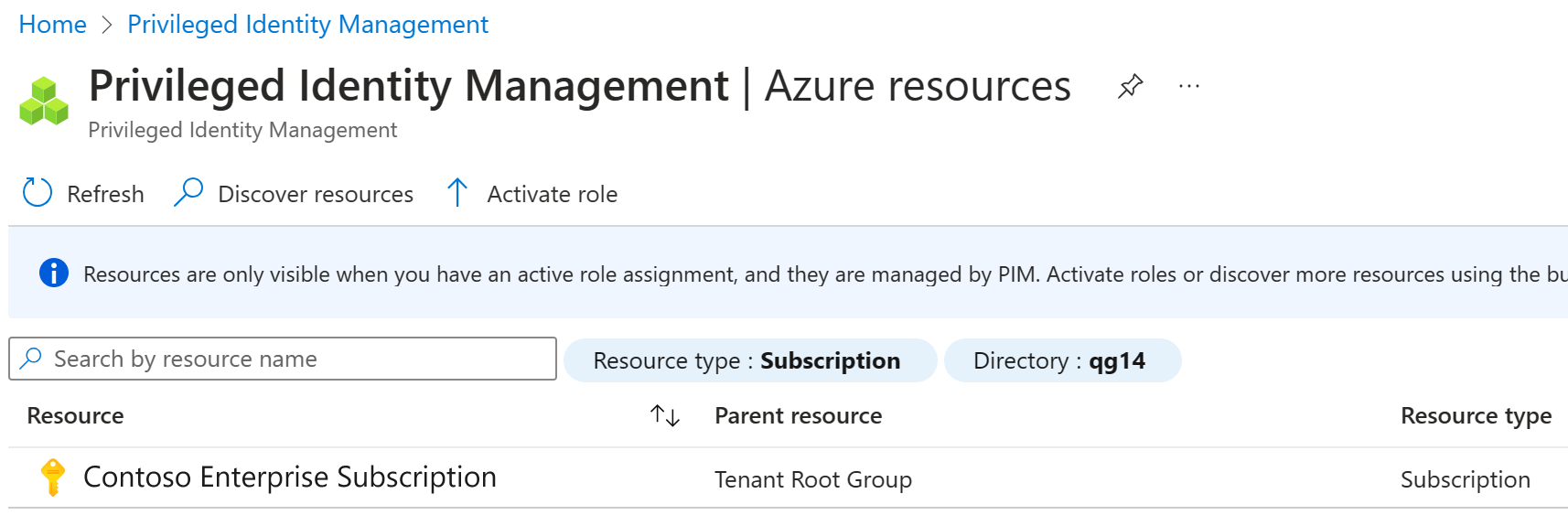 Screenshot of the Azure resources discovery screen with the subscription and manage resource highlighted.