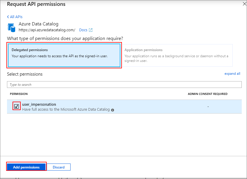 In the Azure portal, select Delegated permissions