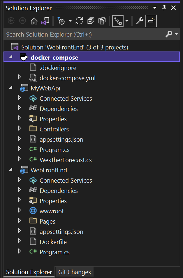Screenshot of Solution Explorer with Docker Compose project added.