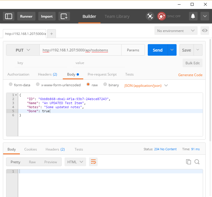 Postman console showing a PUT and response