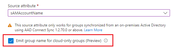 Screenshot that shows the configuration to emit on-premises group attribute for synced groups and display name for cloud groups.