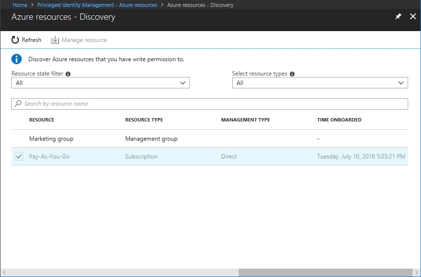 Screenshot showing the discovery pane lists resources that can be managed, such as subscriptions and management groups
