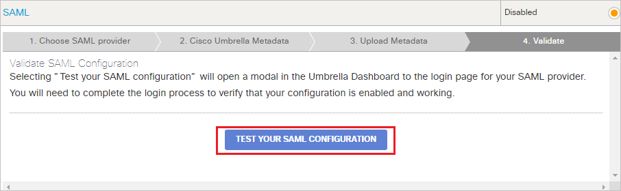 Screenshot shows the Test SAML Configuration.