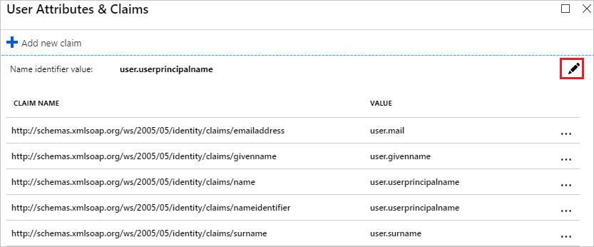 Screenshot that shows the "User Attributes & Claims" dialog with the "Edit" button highlighted.