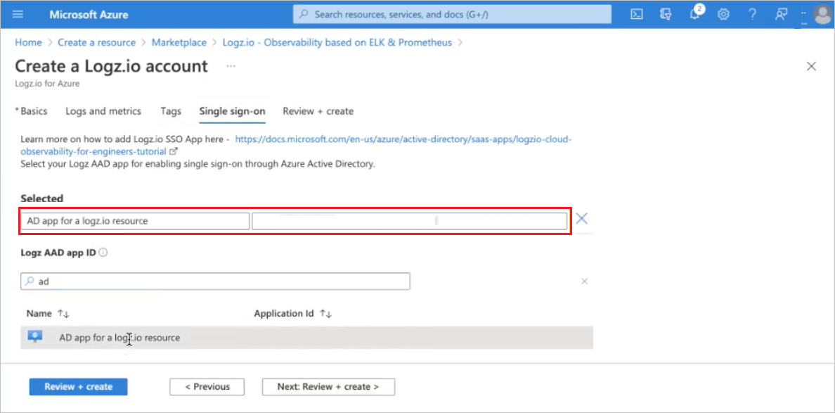 Select your Logz Microsoft Entra app to enable SSO